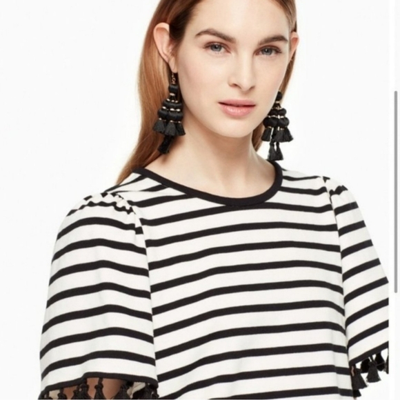 Kate Spade Broome Street Stripe Flutter Sleeve Tassel Top, Black & White, Size S - Picture 2 of 8